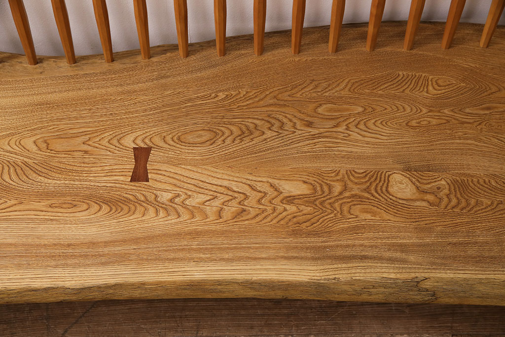中古　手造り家具　頑固おやじ製　総栗無垢材　芸術品のような存在感のあるコノイドベンチ風木製ベンチ(長椅子、板座チェア)(R-050617)