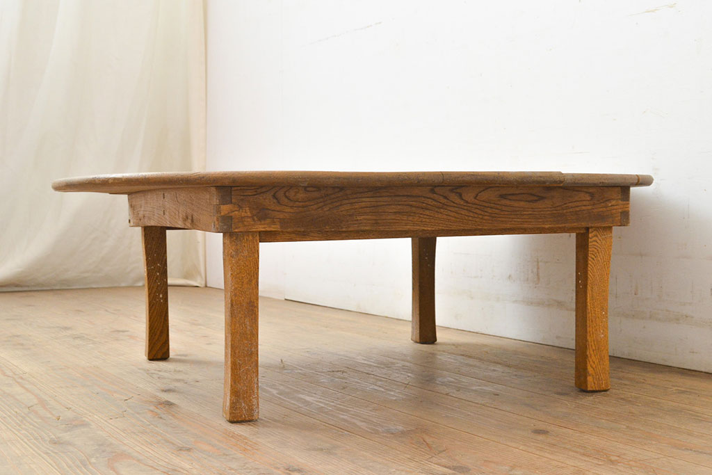 和製アンティーク　栓材　昭和中期　明るい木肌が和やかな空間づくりに活躍する丸ちゃぶ台(座卓、折りたたみテーブル、ローテーブル)(R-051451)