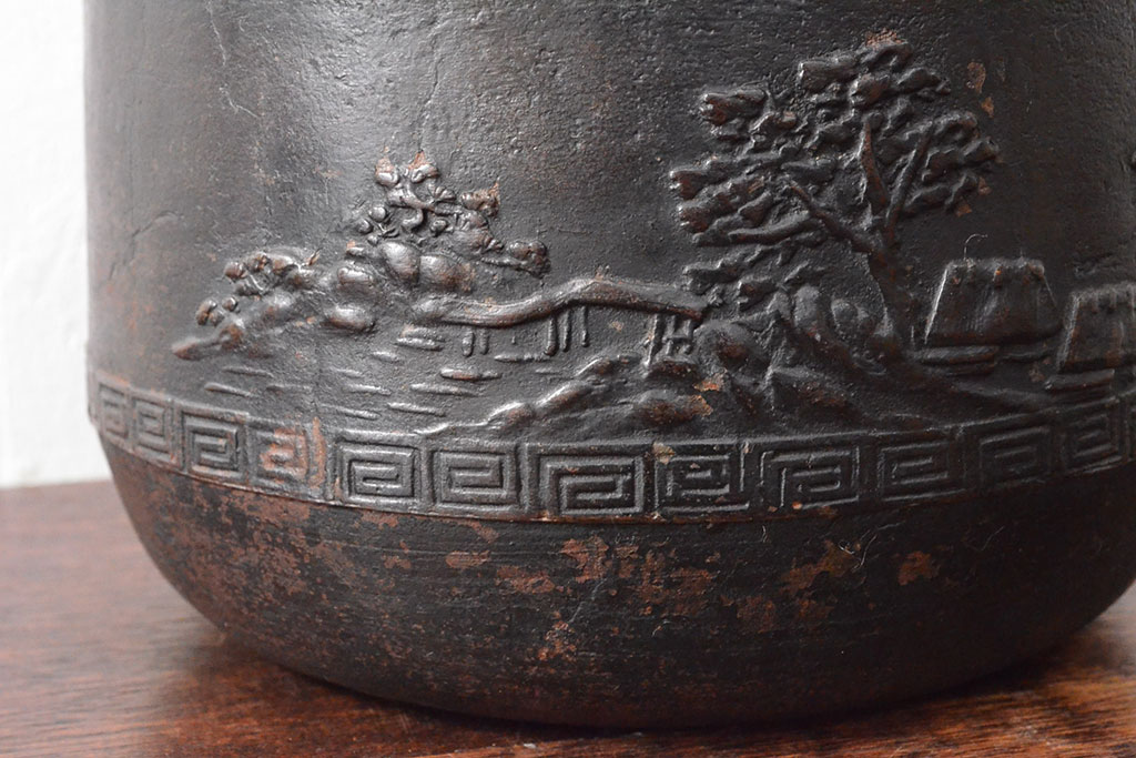 古い　龍文堂　鉄瓶(取手銀象嵌、カラス図、茶道具)(R-052578)