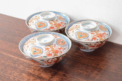 明治期　伊万里焼　色絵染付　蓋茶碗3客(和食器)(R-052757)