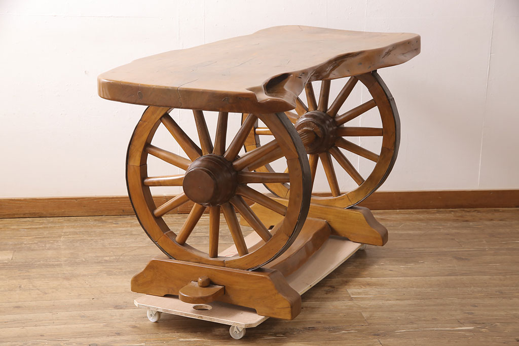 和製ビンテージ　珍品!　古い大八車の車輪を大胆に使ったリメイクテーブル(コンソールテーブル、作業台、ヴィンテージ)(R-052947)