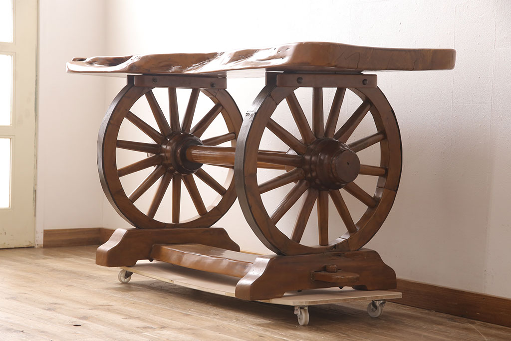和製ビンテージ　珍品!　古い大八車の車輪を大胆に使ったリメイクテーブル(コンソールテーブル、作業台、ヴィンテージ)(R-052947)