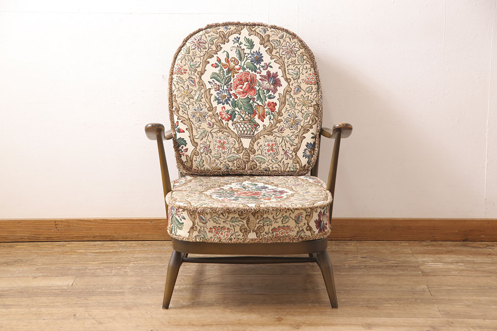 中古　美品　ERCOL(アーコール)　花柄のファブリックがお洒落な1人掛けソファ(ラウンジチェア、アームチェア、椅子、1シーターソファ)(R-052955)